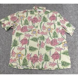 Pineapple Moon Shirt Mens Large Pink Ginger Flower Orchids 100% Silk Hawaiian